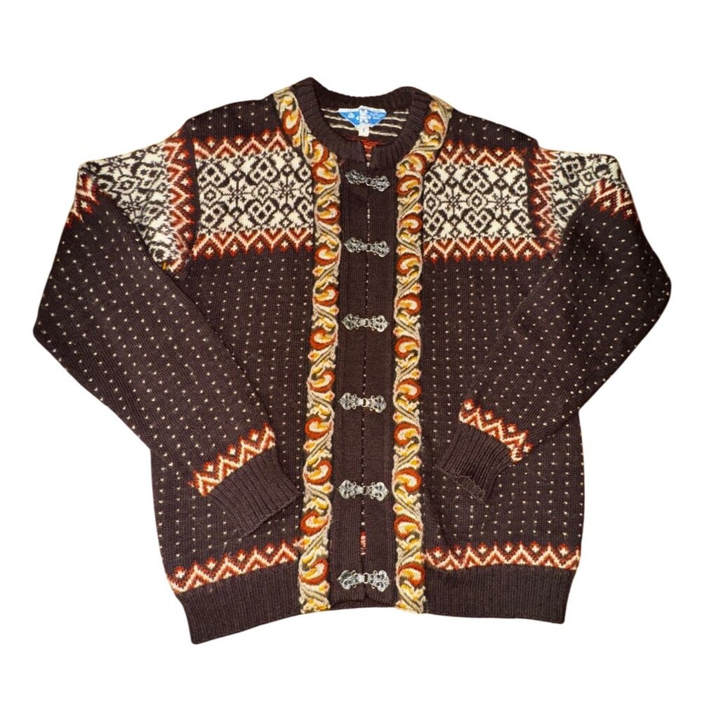 Vintage Wool Cardigan Small‎ Nordic Knit Brown Orange New Zealand Winter Ski Y2K